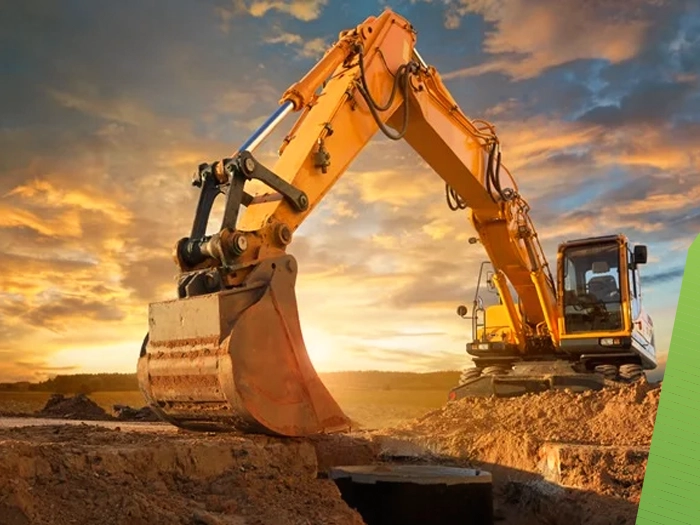 Building under construction with excavation and structural works