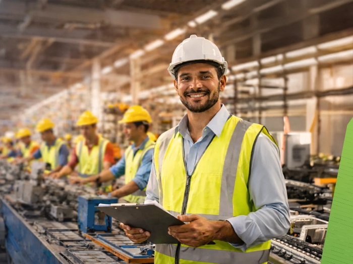 Construction workers on site in safety vests